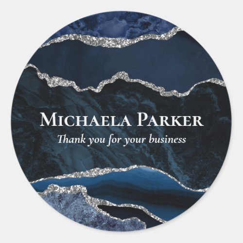 Navy Blue Silver Agate Marble Business Thank You Classic Round Sticker