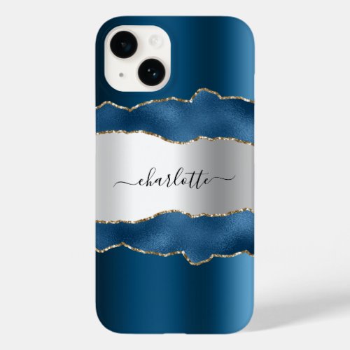 Navy blue silver agate marble name script Case_Mate iPhone 14 case