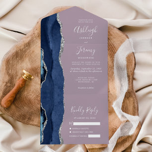 Navy Blue Silver Agate Mauve Wedding All In One Invitation