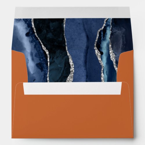 Navy Blue Silver Agate Orange Wedding Envelope