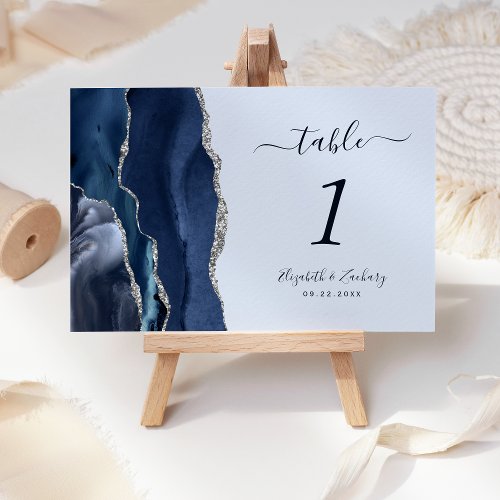 Navy Blue Silver Agate Pastel Wedding Table Number