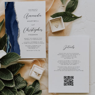 Navy Blue Silver Agate QR Code Wedding Invitation