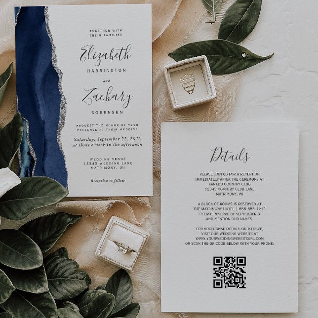 Navy Blue Silver Agate QR Code Wedding Invitation (Creator Uploaded)