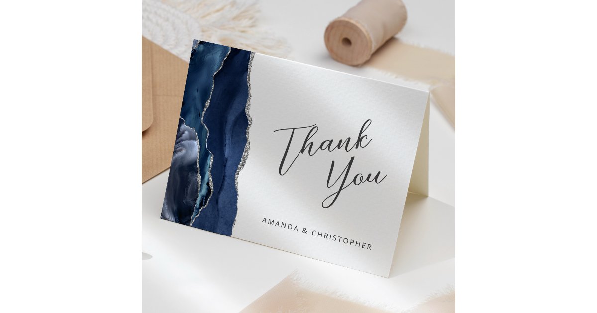 Navy Blue Silver Agate Script Wedding Thank You Card | Zazzle