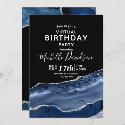 Navy Blue  Silver Agate Virtual Birthday Invitati Invitation
