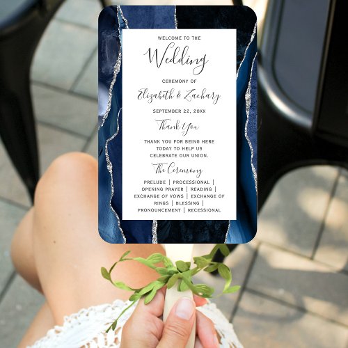 Navy Blue Silver Agate Wedding Program Hand Fan