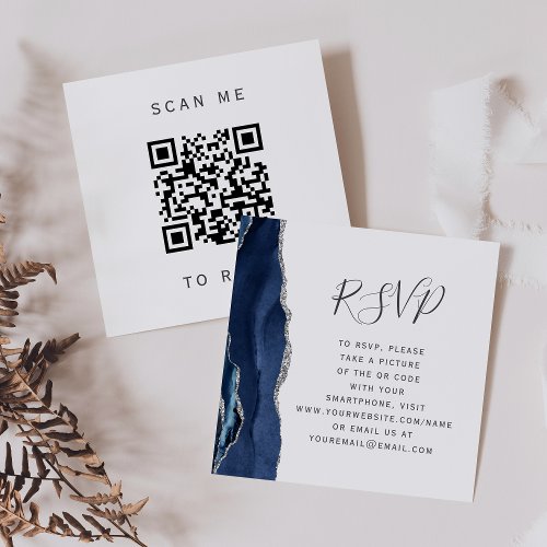 Navy Blue Silver Agate Wedding QR Code RSVP Enclosure Card