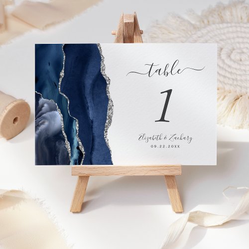 Navy Blue Silver Agate Wedding Table Number
