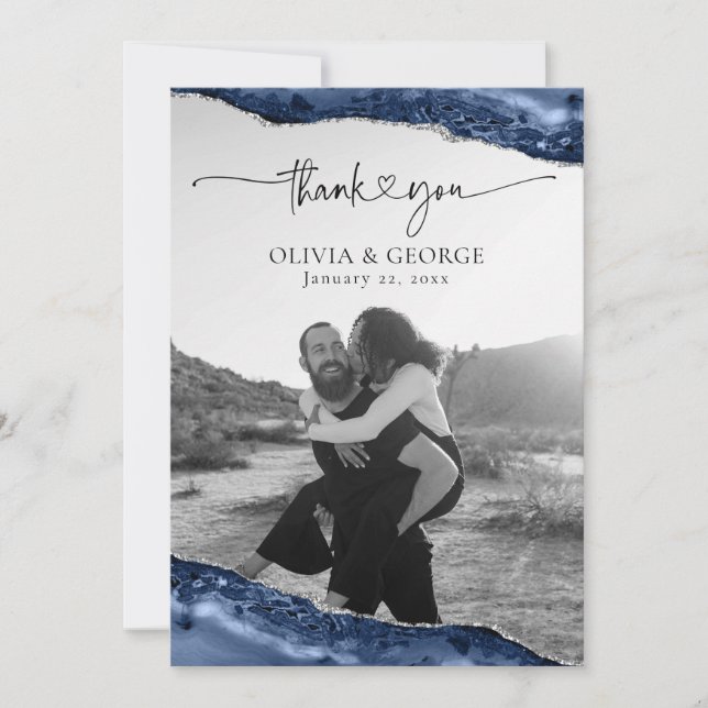 Navy Blue Silver Agate Wedding Thank You Cards (Front)
