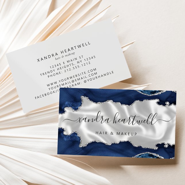 Navy Blue Silver Agate White Luxury Business Card (Creator Uploaded)