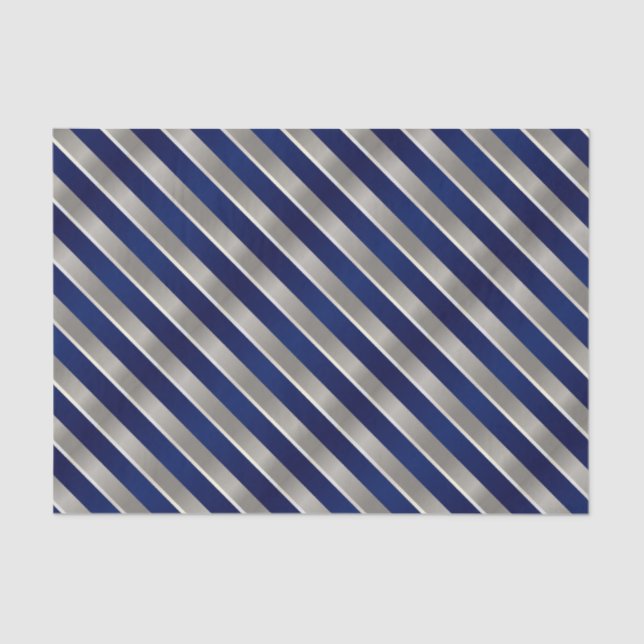 Navy Blue, Silver and White Diagonal Stripes Tissue Paper (Front)