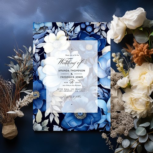 Navy Blue Silver and White Floral Autumn Wedding Invitation