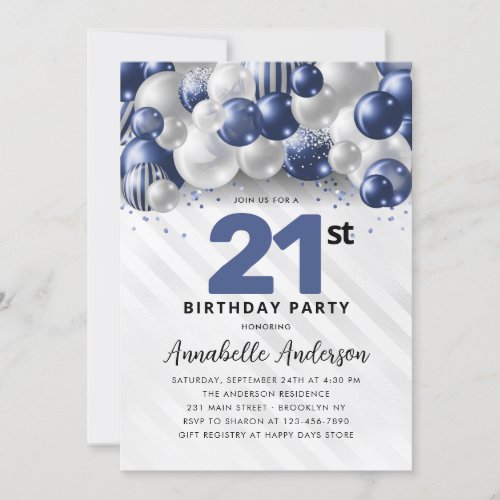 Navy Blue Silver Balloon Glitter 21st Birthday Invitation