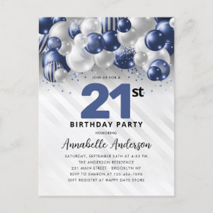 Navy Blue Silver Balloon Glitter 21st Birthday  Postcard
