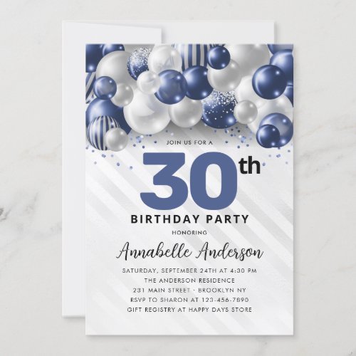 Navy Blue Silver Balloon Glitter 30th Birthday Invitation