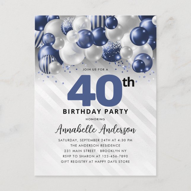 Navy Blue Silver Balloon Glitter 40th Birthday  Postcard (Front)