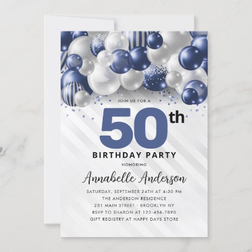 Navy Blue Silver Balloon Glitter 50th Birthday Invitation