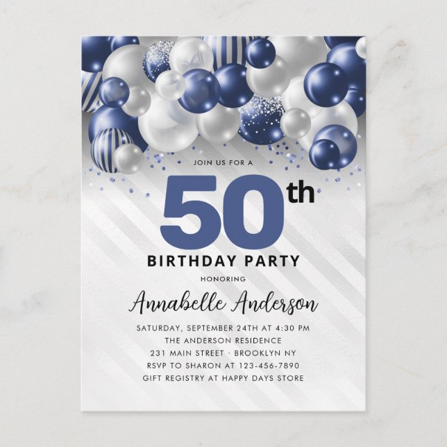 Navy Blue Silver Balloon Glitter 50th Birthday  Postcard (Front)