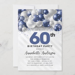 Navy Blue Silver Balloon Glitter 60th Birthday Invitation