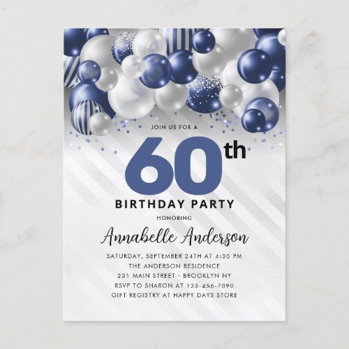 Navy Blue Silver Balloon Glitter 60th Birthday  Postcard