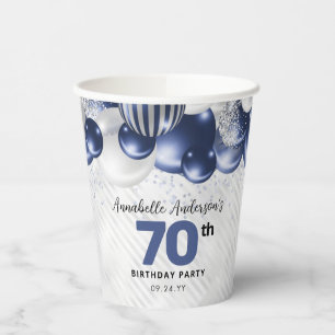 Navy Blue Silver Balloon Glitter 70th Birthday Paper Cups