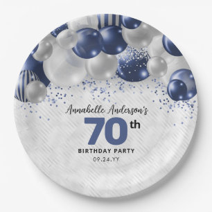 Navy Blue Silver Balloon Glitter 70th Birthday Paper Plates