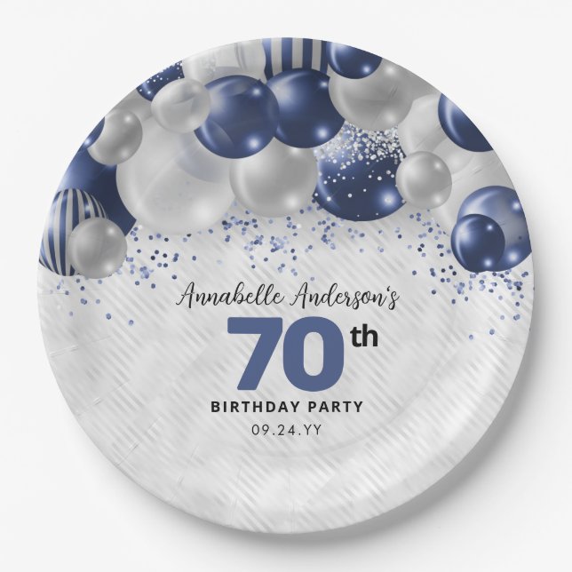 Navy Blue Silver Balloon Glitter 70th Birthday Paper Plates (Front)