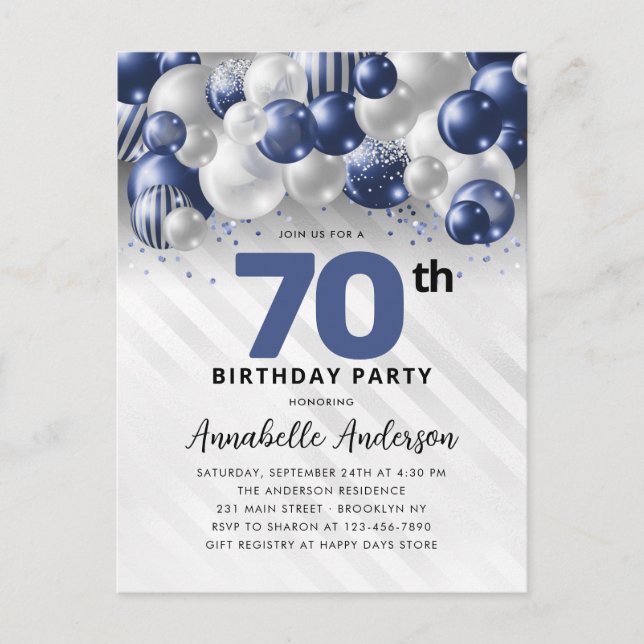 Navy Blue Silver Balloon Glitter 70th Birthday  Postcard (Front)