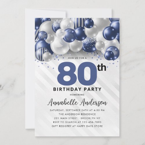Navy Blue Silver Balloon Glitter 80th Birthday