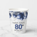 Navy Blue Silver Balloon Glitter 80th Birthday Paper Cups<br><div class="desc">Modern Glam Navy Blue Silver Balloon Glitter Sparkle Any Age Birthday Party Cups</div>
