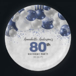 Navy Blue Silver Balloon Glitter 80th Birthday Paper Plates<br><div class="desc">Modern Glam Navy Blue Silver Balloon Glitter Sparkle Any Age Birthday Party Plates</div>
