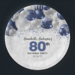 Navy Blue Silver Balloon Glitter 80th Birthday Paper Plates<br><div class="desc">Modern Glam Navy Blue Silver Balloon Glitter Sparkle Any Age Birthday Party Plates</div>