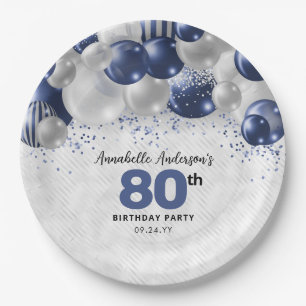 Navy Blue Silver Balloon Glitter 80th Birthday Paper Plates