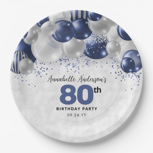 Navy Blue Silver Balloon Glitter 80th Birthday Paper Plates (Front)