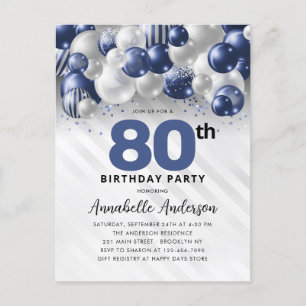 Navy Blue Silver Balloon Glitter 80th Birthday Postcard