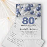 Navy Blue Silver Balloon Glitter 80th Birthday Postcard<br><div class="desc">Modern Glam Navy Blue Silver Balloon Glitter Sparkle Any Age Birthday Invitation</div>