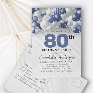 Navy Blue Silver Balloon Glitter 80th Birthday Postcard