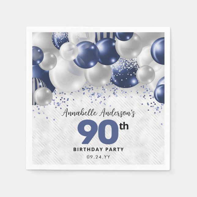 Navy Blue Silver Balloon Glitter 90th Birthday Napkins (Front)
