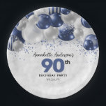 Navy Blue Silver Balloon Glitter 90th Birthday Paper Plates<br><div class="desc">Modern Glam Navy Blue Silver Balloon Glitter Sparkle Any Age Birthday Party Plates</div>