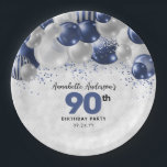 Navy Blue Silver Balloon Glitter 90th Birthday Paper Plates<br><div class="desc">Modern Glam Navy Blue Silver Balloon Glitter Sparkle Any Age Birthday Party Plates</div>