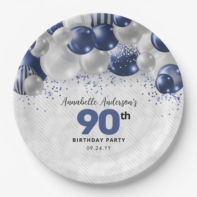 Navy Blue Silver Balloon Glitter 90th Birthday Paper Plates (Front)