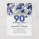 Navy Blue Silver Balloon Glitter 90th Birthday  Postcard<br><div class="desc">Modern Glam Navy Blue Silver Balloon Glitter Sparkle Any Age Birthday Invitation</div>