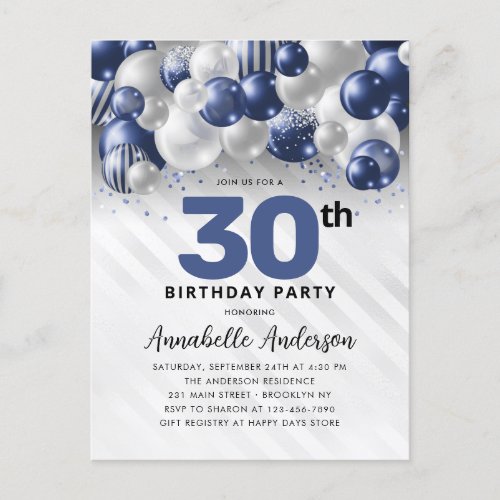 Navy Blue Silver Balloon Glitter Any Age Birthday  Postcard