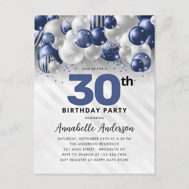 Navy Blue Silver Balloon Glitter Any Age Birthday  Postcard (Front)