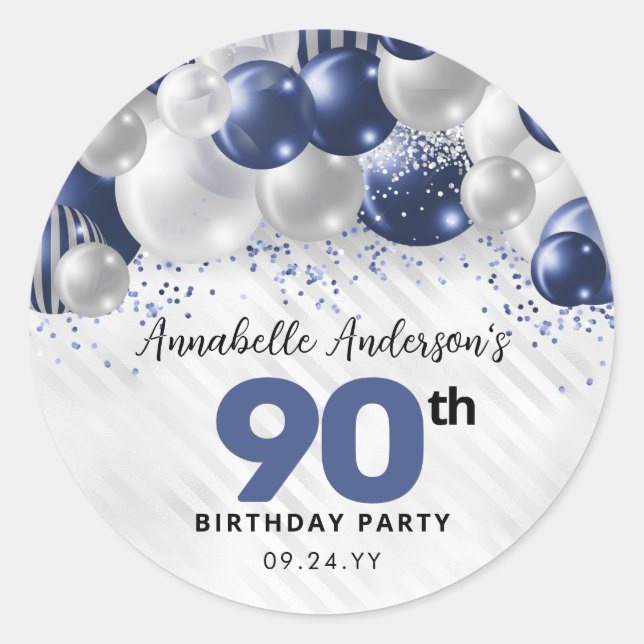 Navy Blue Silver Balloon Glitter Favor Birthday Classic Round Sticker (Front)