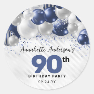 Navy Blue Silver Balloon Glitter Favor Birthday Classic Round Sticker