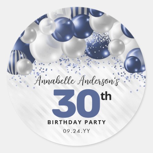 Navy Blue Silver Balloon Glitter Favor Birthday Classic Round Sticker
