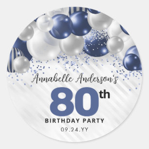 Navy Blue Silver Balloon Glitter Favor Birthday Classic Round Sticker