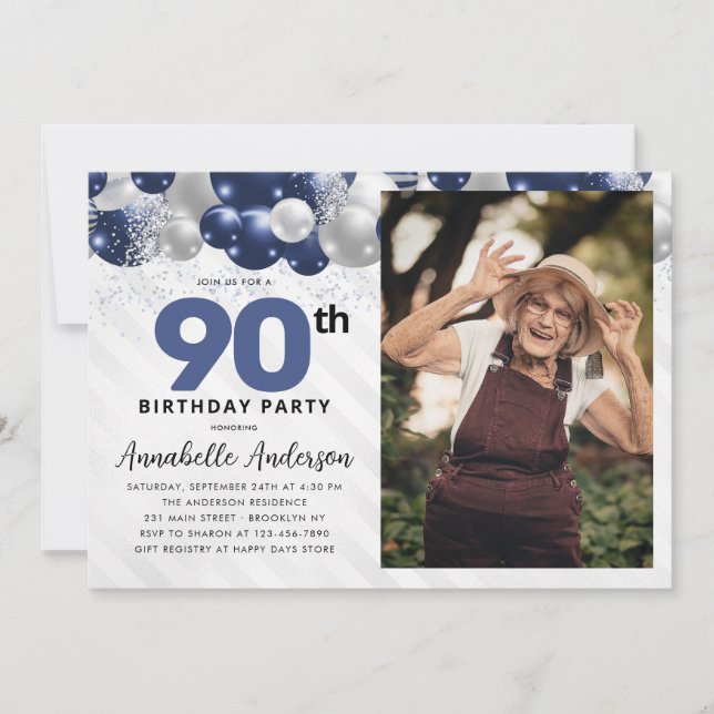 Navy Blue Silver Balloon Glitter Photo Birthday Invitation (Front)