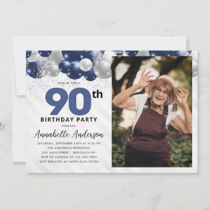 Navy Blue Silver Balloon Glitter Photo Birthday Invitation